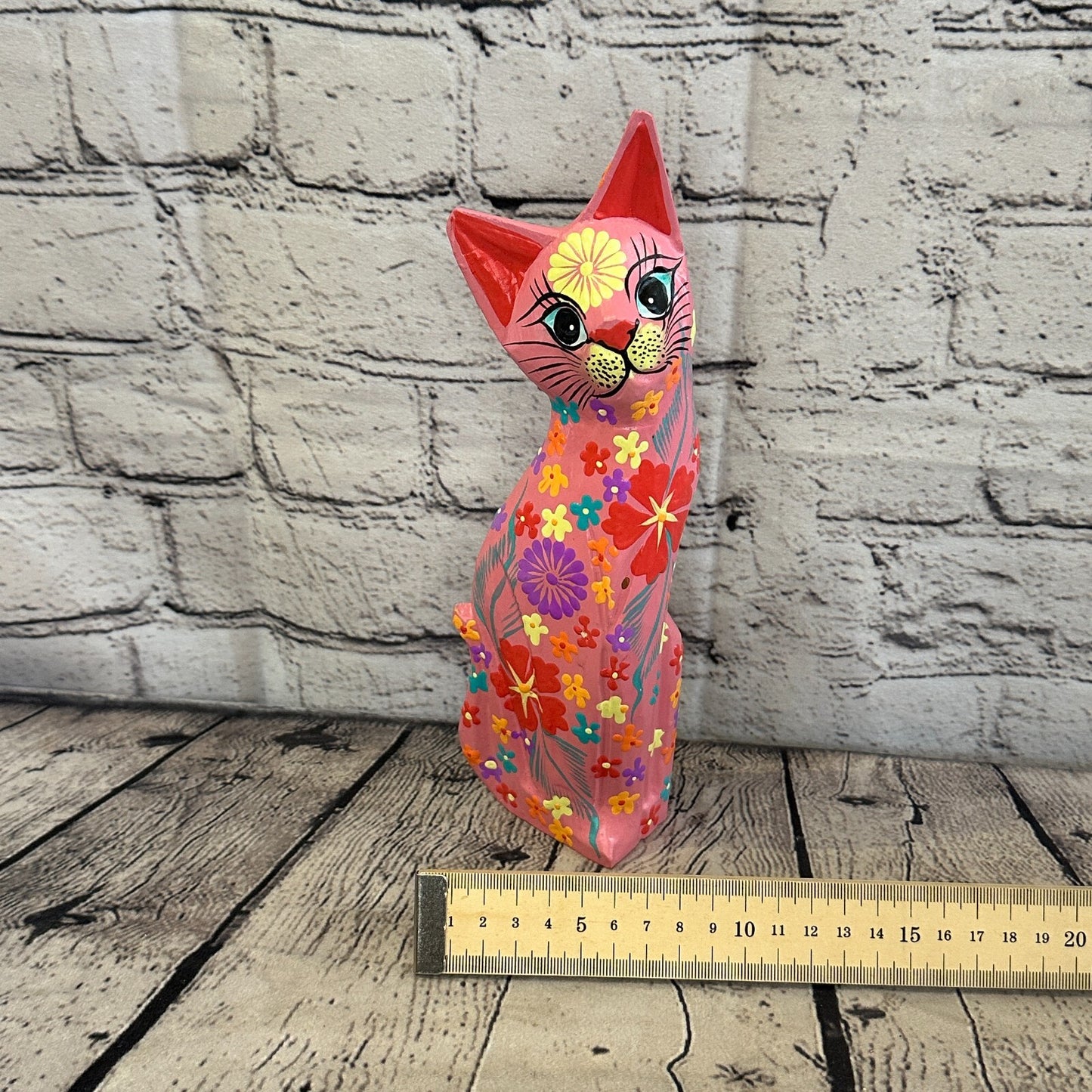 Pink Flat Back Wooden Cat With Flower Pattern 25cm x 8cm Handmade and Fairtrade