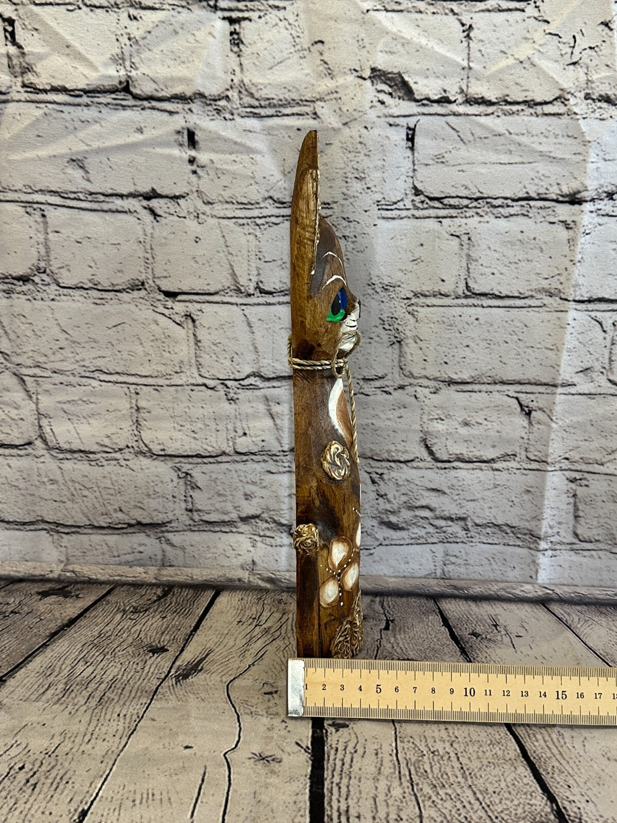 30cm Brown Swirl Flower Wooden Shabby Cat Statue Ornament Fair Trade Handcarved