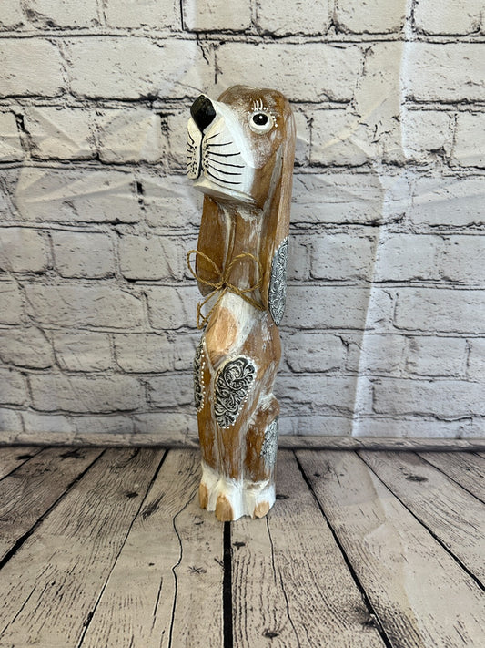 40cm Light Brown Flower Wooden Shabby Dog Statue Ornament Fair Trade Handcarved