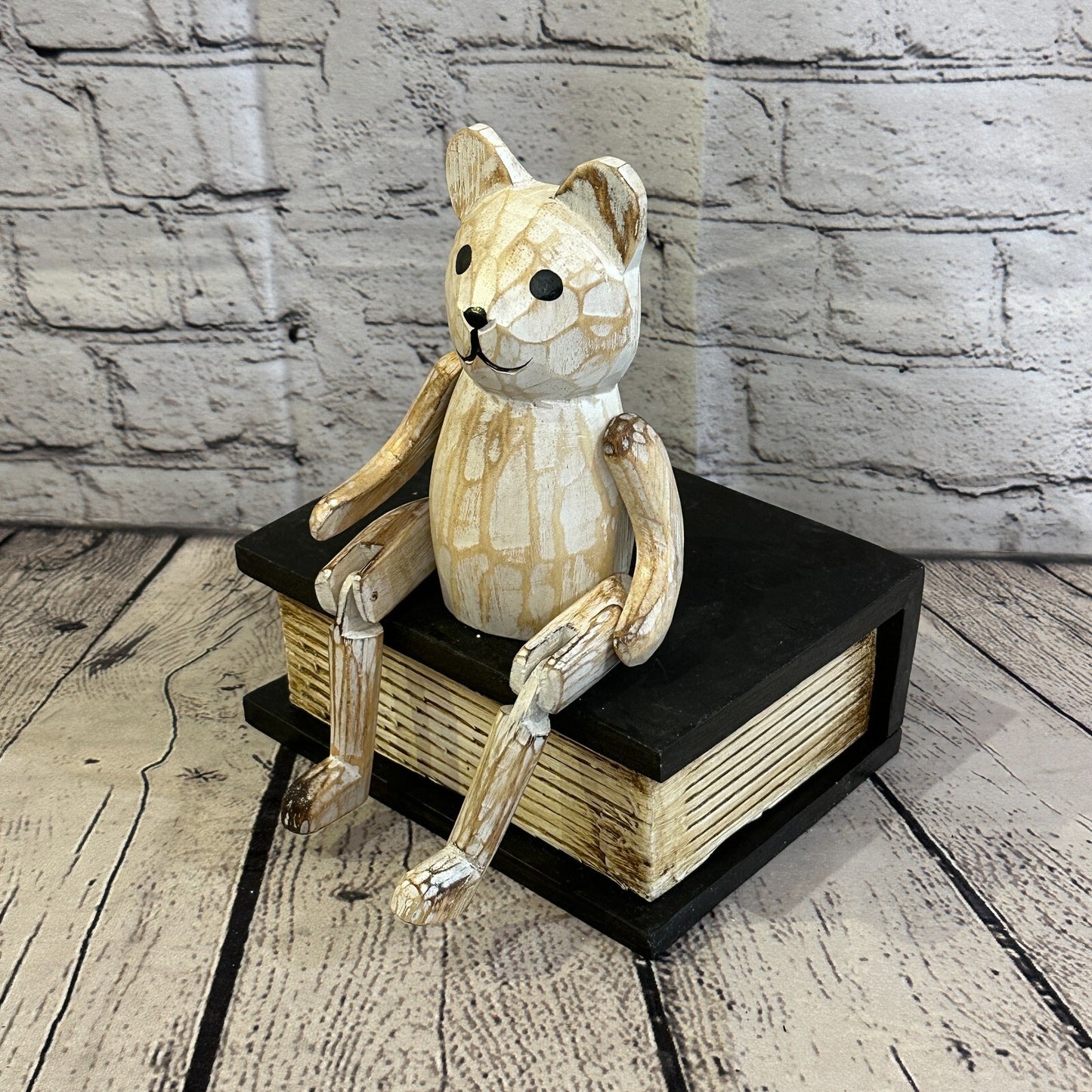 15cm Shabby White Teddy Sitting Animal Wooden Shelf Ornament Handmade Fairtrade