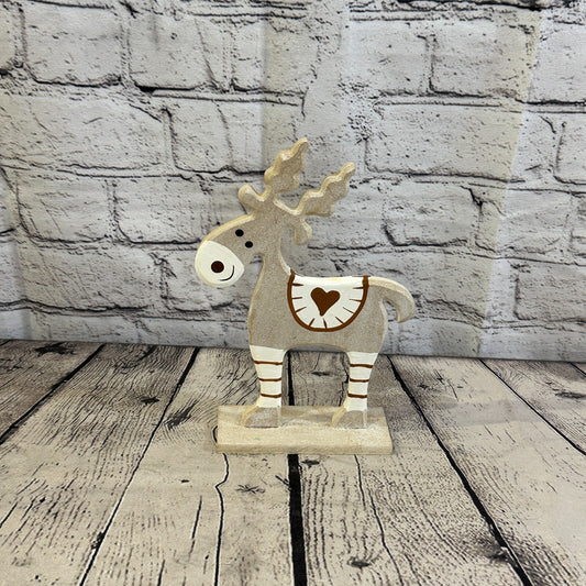 22cm x 14cm Grey Handcrafted Wood Reindeer Xmas Christmas Ornament Antlers