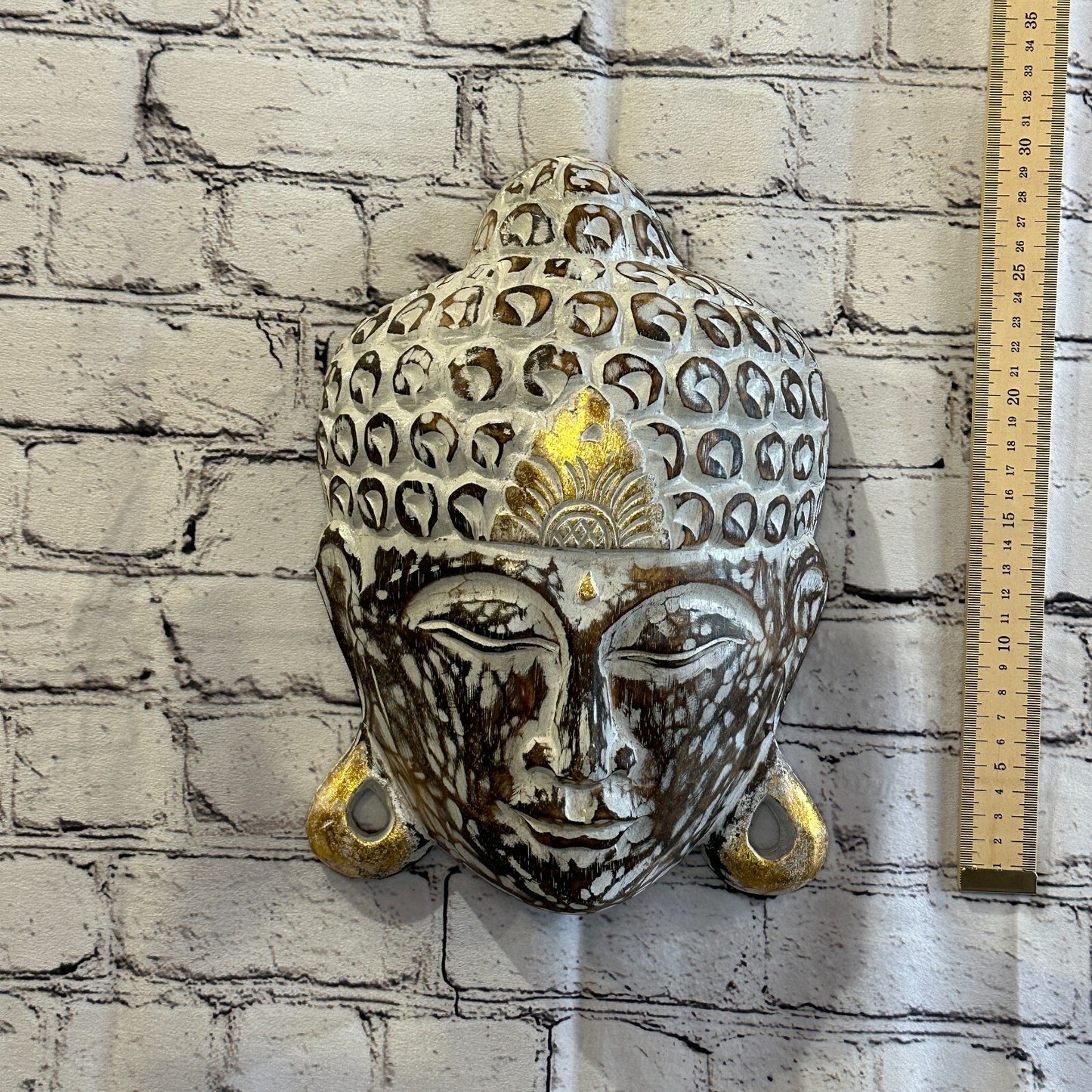 30cm x 20cm Dark Brown Buddha Head Mask Wooden Hanging Statue Figurine Ornament