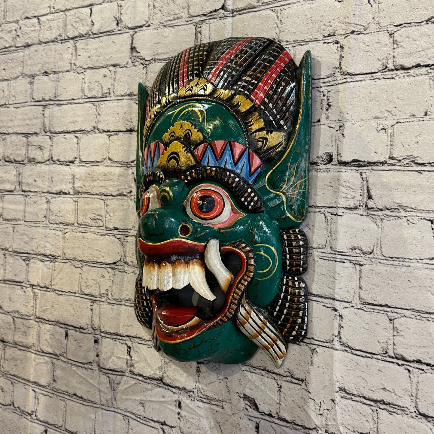 Large Wooden Green Barong Wall Mask 50cm x 30cm Handmade And Fairtrade