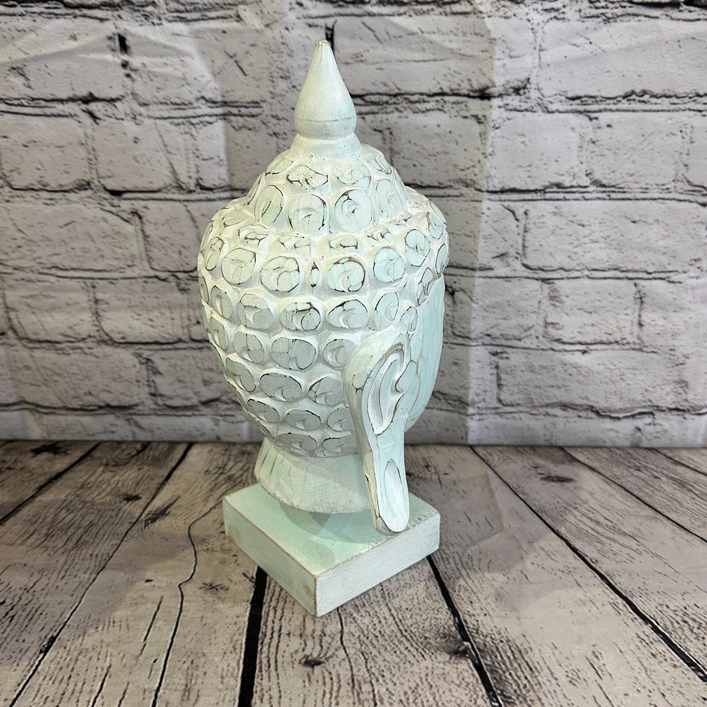 30cm Green Buddha Head Wooden Standing Statue Figurine Ornament Fair Trade