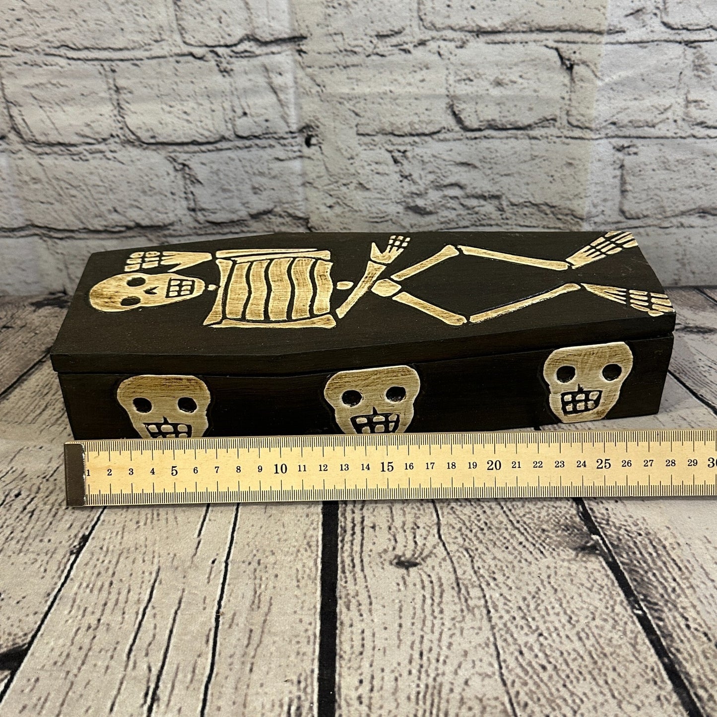 28cm x 8cm x 6cm Coffin Wooden Gothic Skeleton Skull Head Coffin Jewellery Box