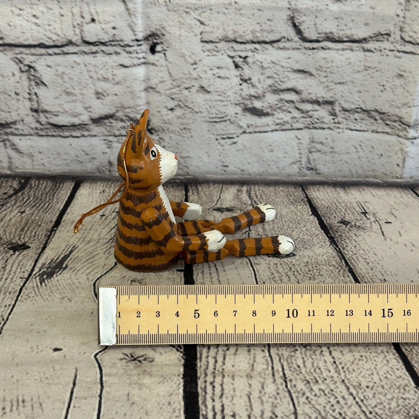 10cm Tabby Cat Sitting Animal, Wooden Shelf Ornament Handmade and Fairtrade