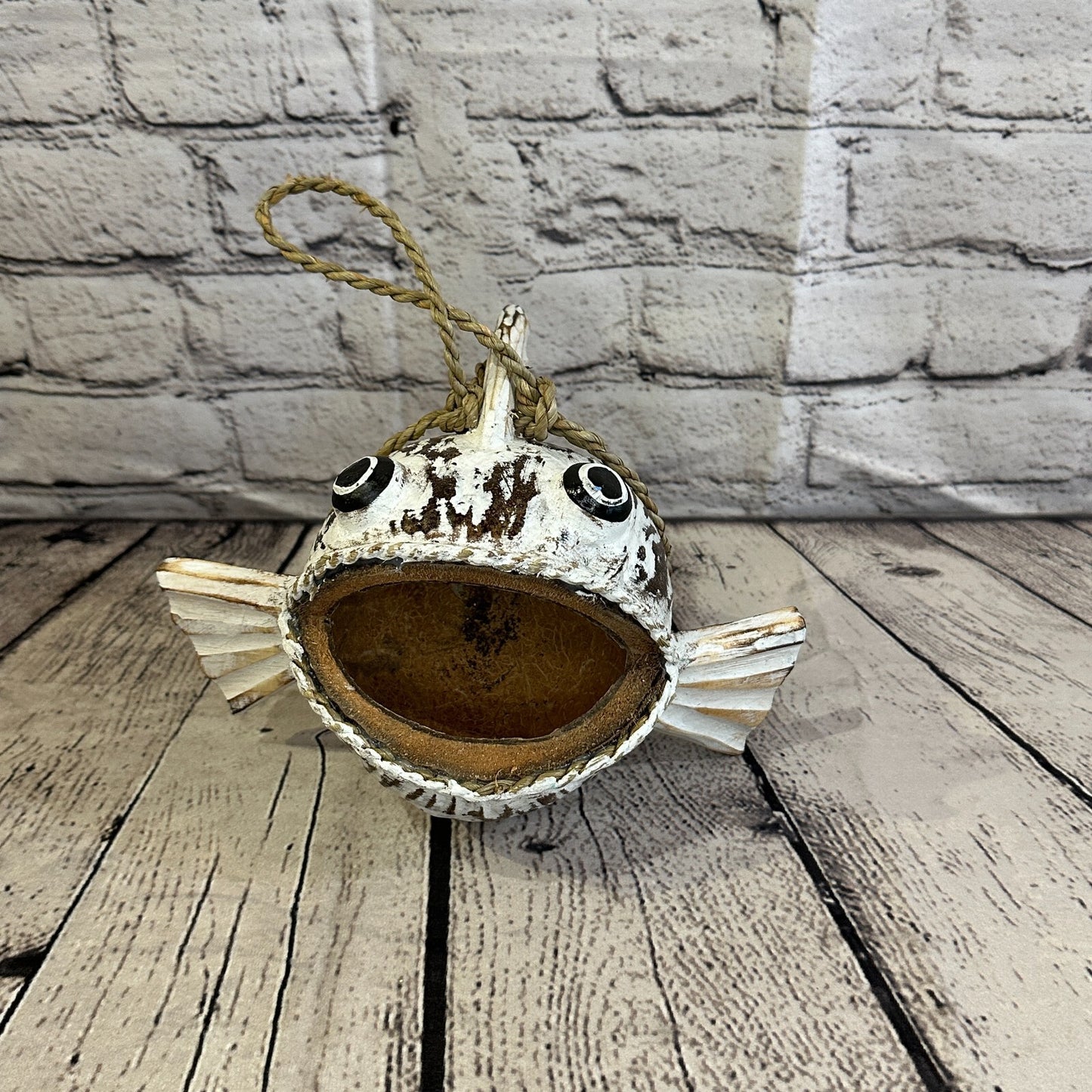 Plain White Folk Art Hand Painted Shark Fish Coconut Shell Ornaments Hanging