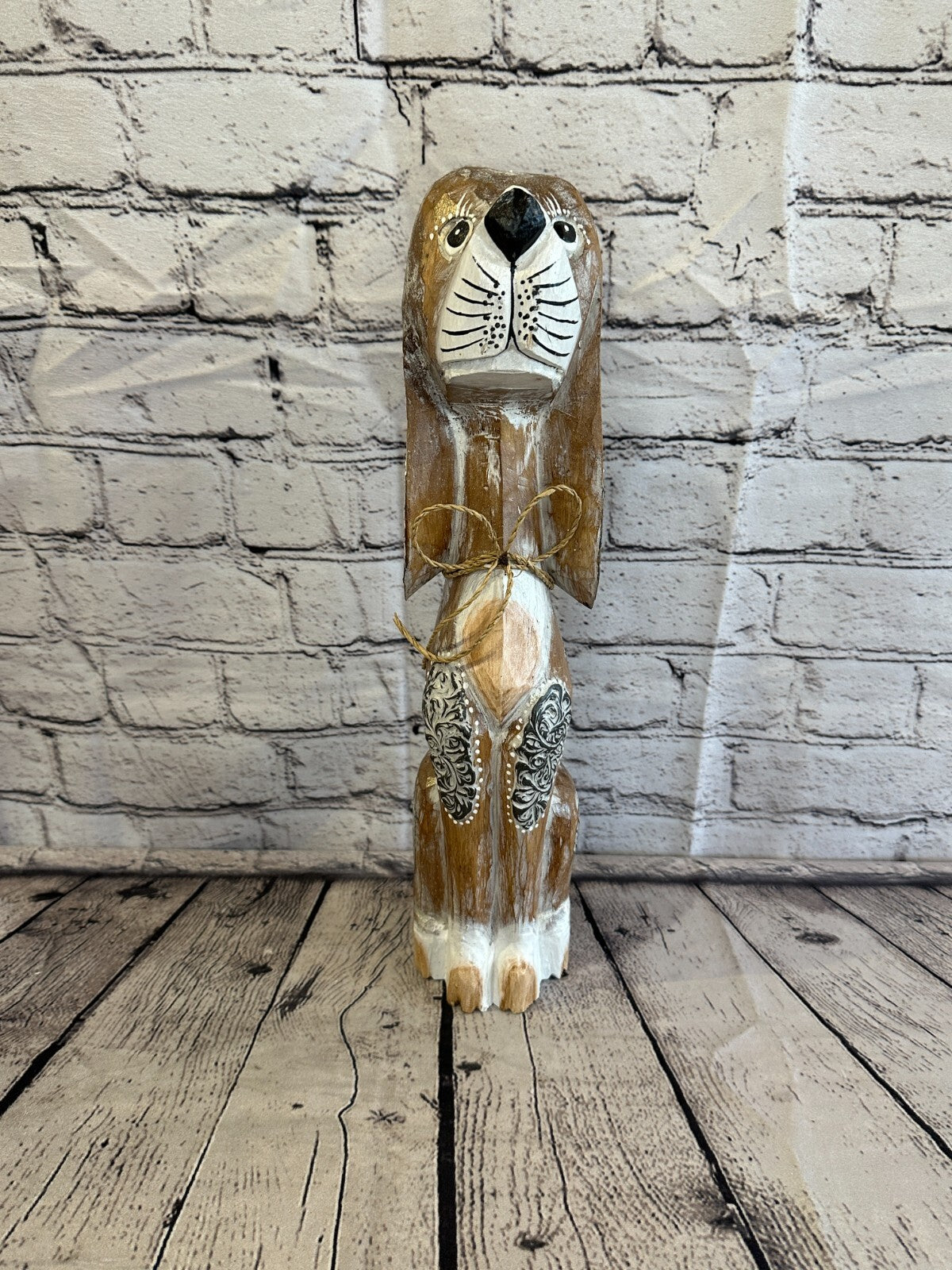 40cm Light Brown Flower Wooden Shabby Dog Statue Ornament Fair Trade Handcarved