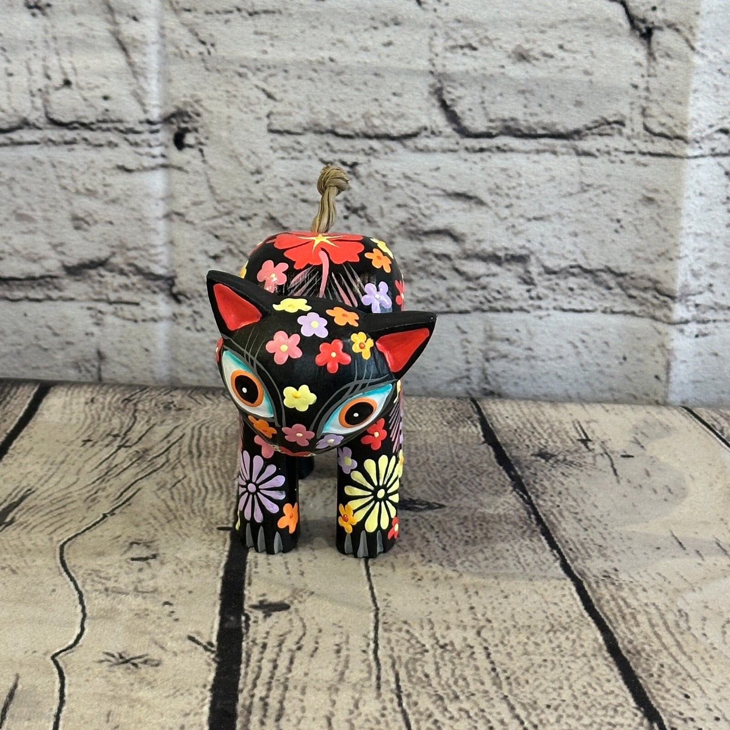 Black Small Wooden Cat With Flower Pattern 10cm x 8cm Handmade and Fairtrade