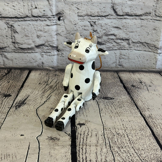 10cm Spotty Cow Sitting Animal, Wooden Shelf Ornament Handmade and Fairtrade