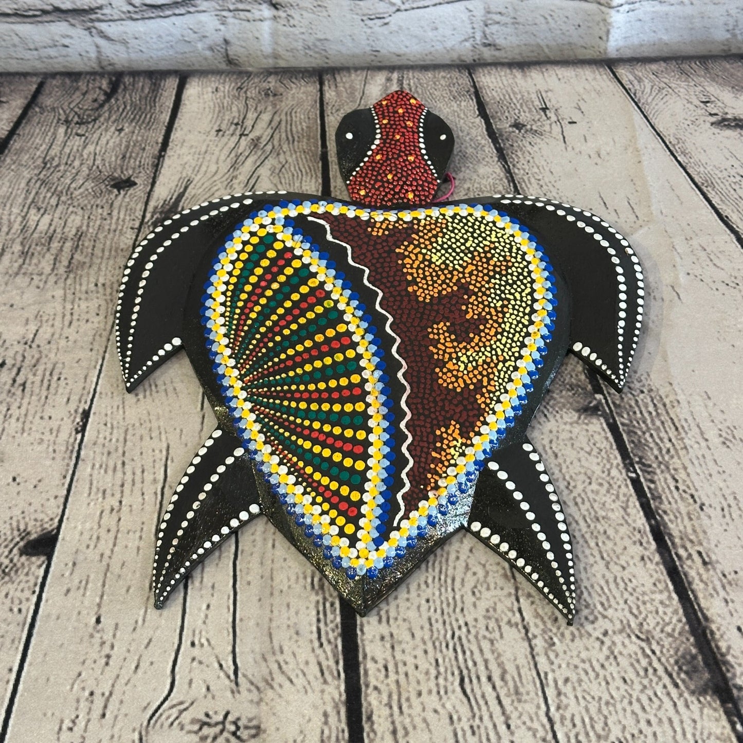 30cm Turtle Carved Wooden Dot Painted Ethnic Tribal Tiki Wall Art Handmade No 1