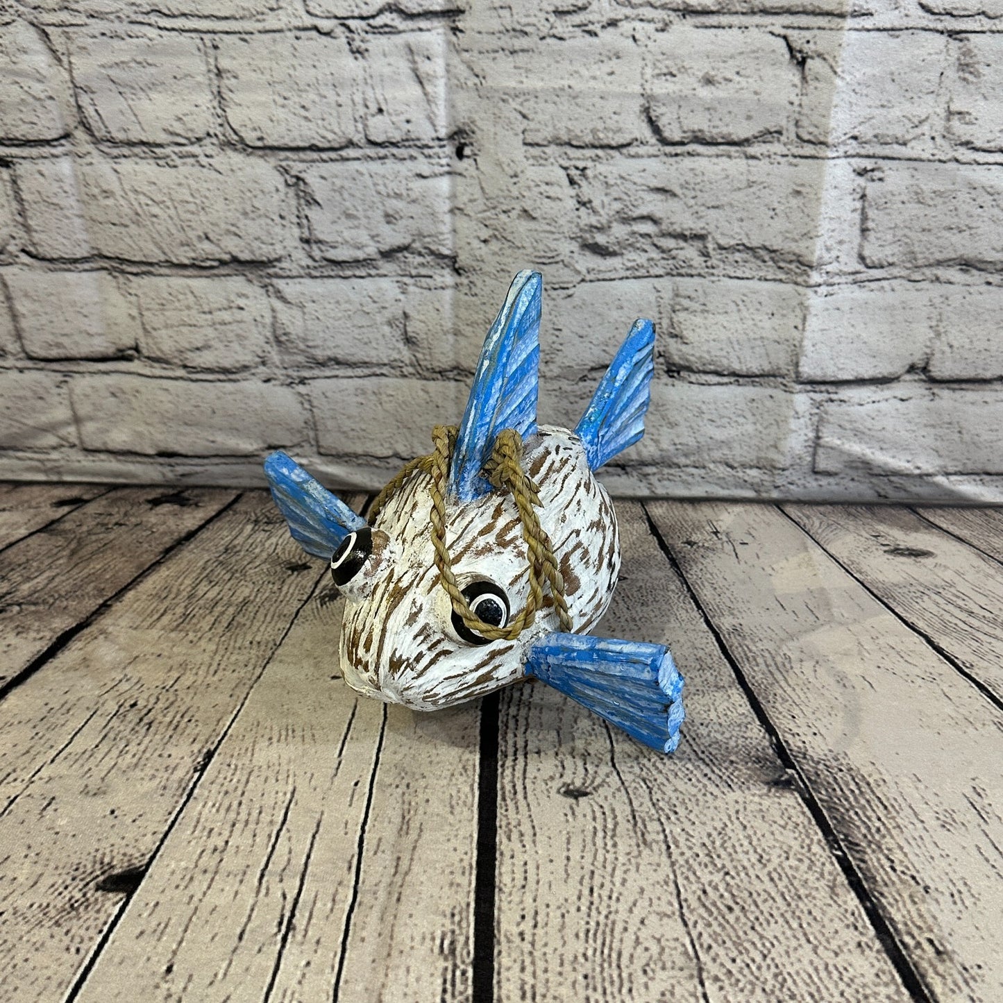 Blue White Folk Art Hand Painted Puffer Fish Coconut Shell Ornaments Hanging