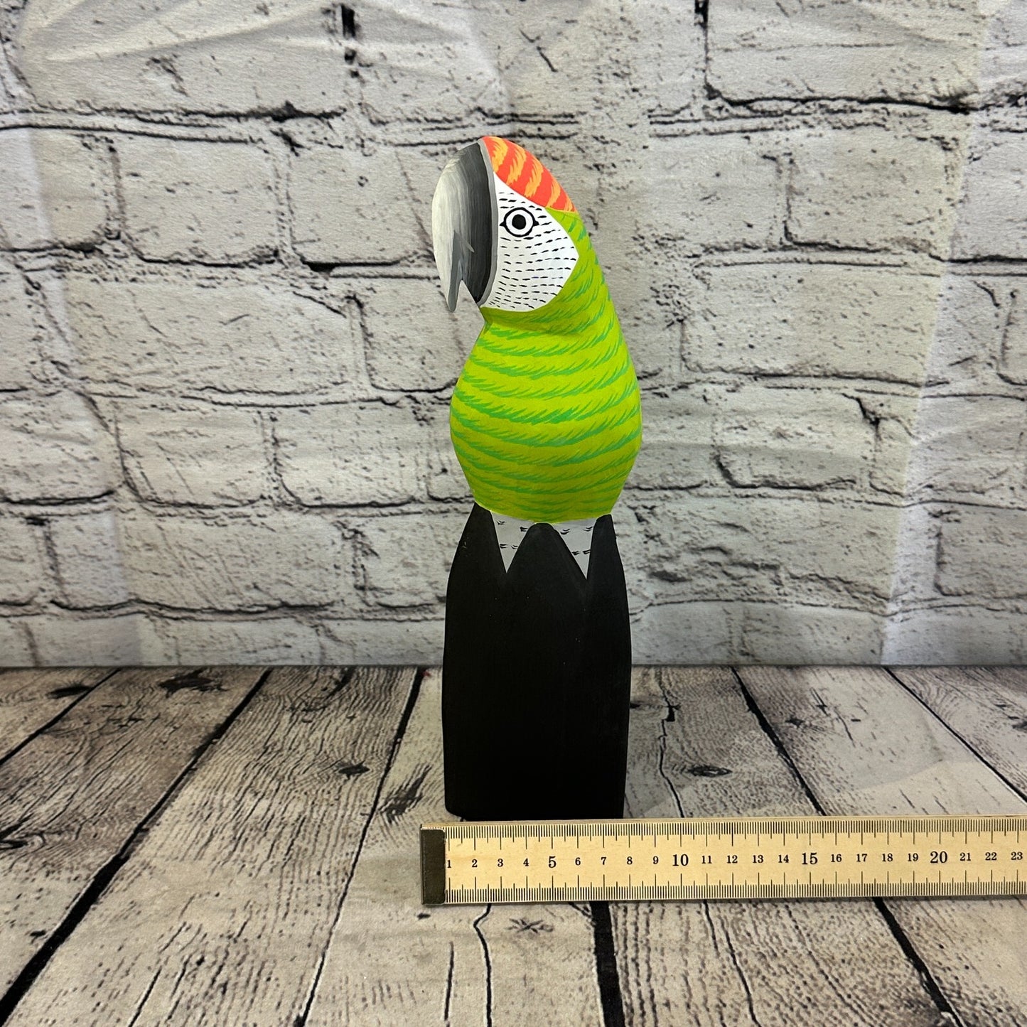 30cm Green Parrot Bird Ornament Statue Fair Trade Hand Made Carved Wood