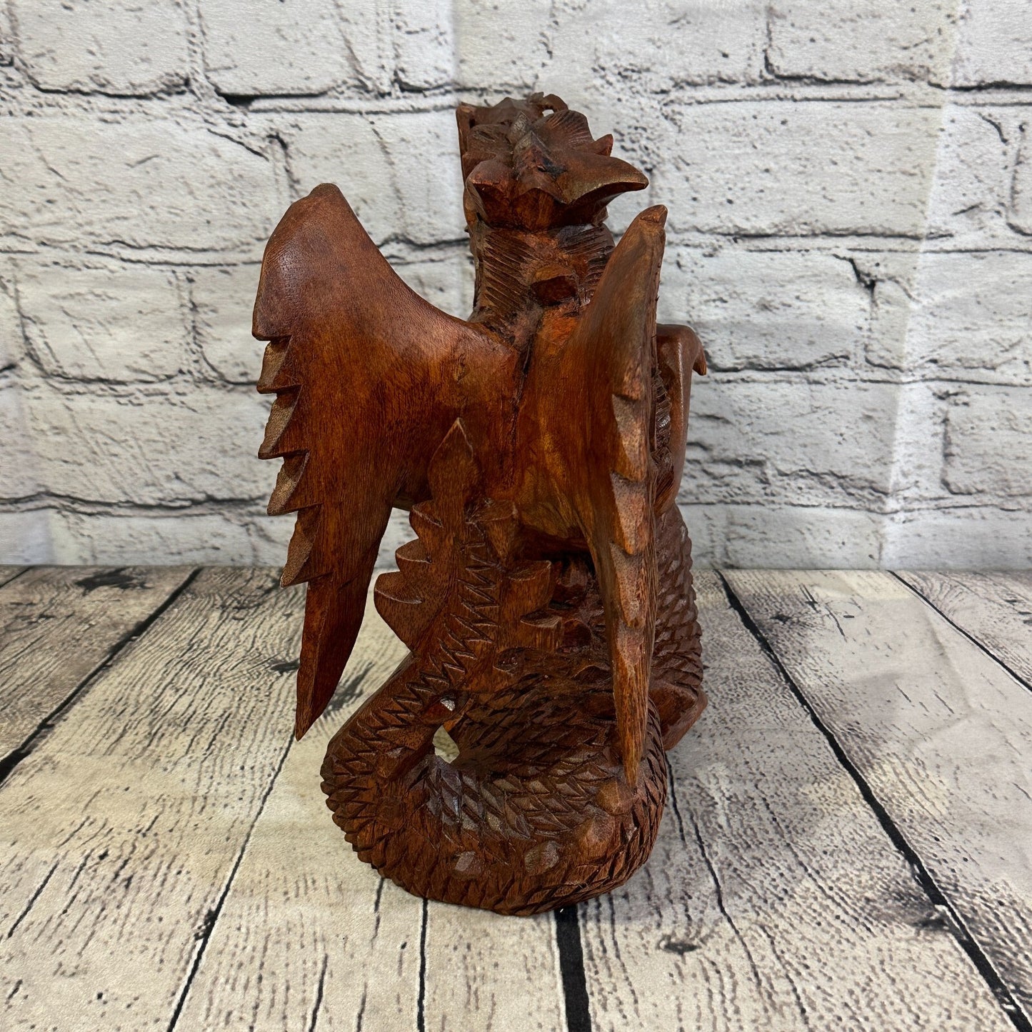 20cm x 20cm Dark Wooden Standing Dragon Carving Hand Carved Wing Back Dragon