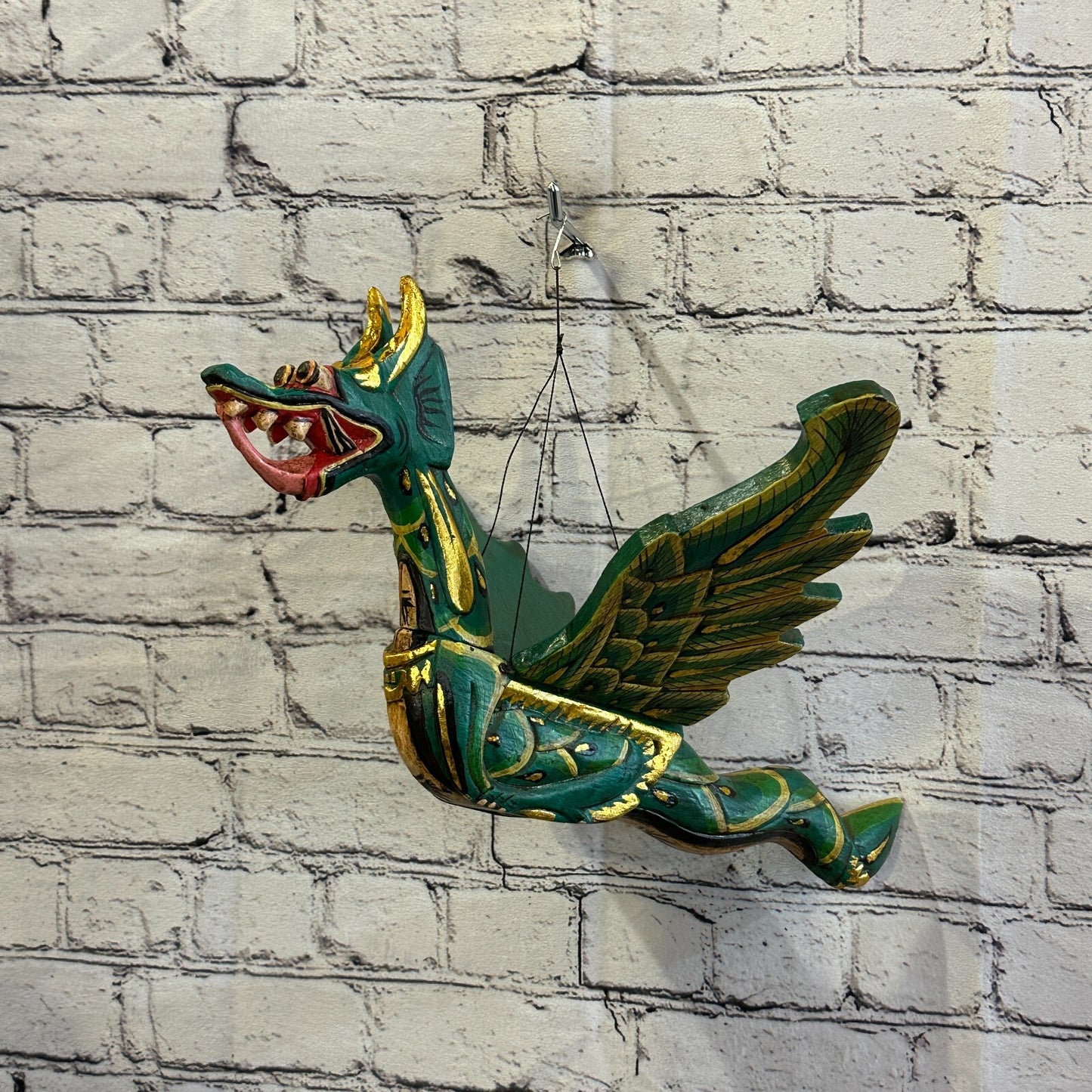 Large Green Dragon Folk Art Wood Flying Winged Mobile Spirit Chaser Guardian
