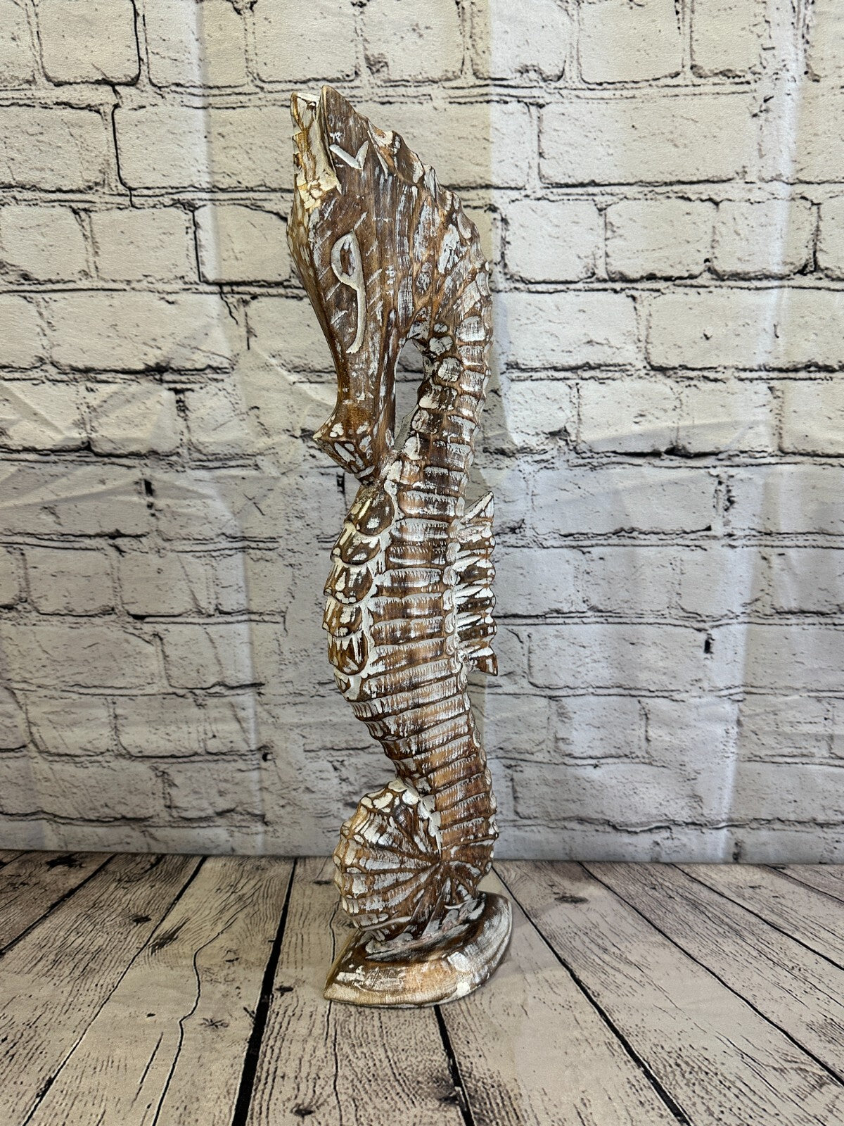 50cm Brown Plain Wooden Shabby Seahorse Statue Ornament Fair Trade Handcarved