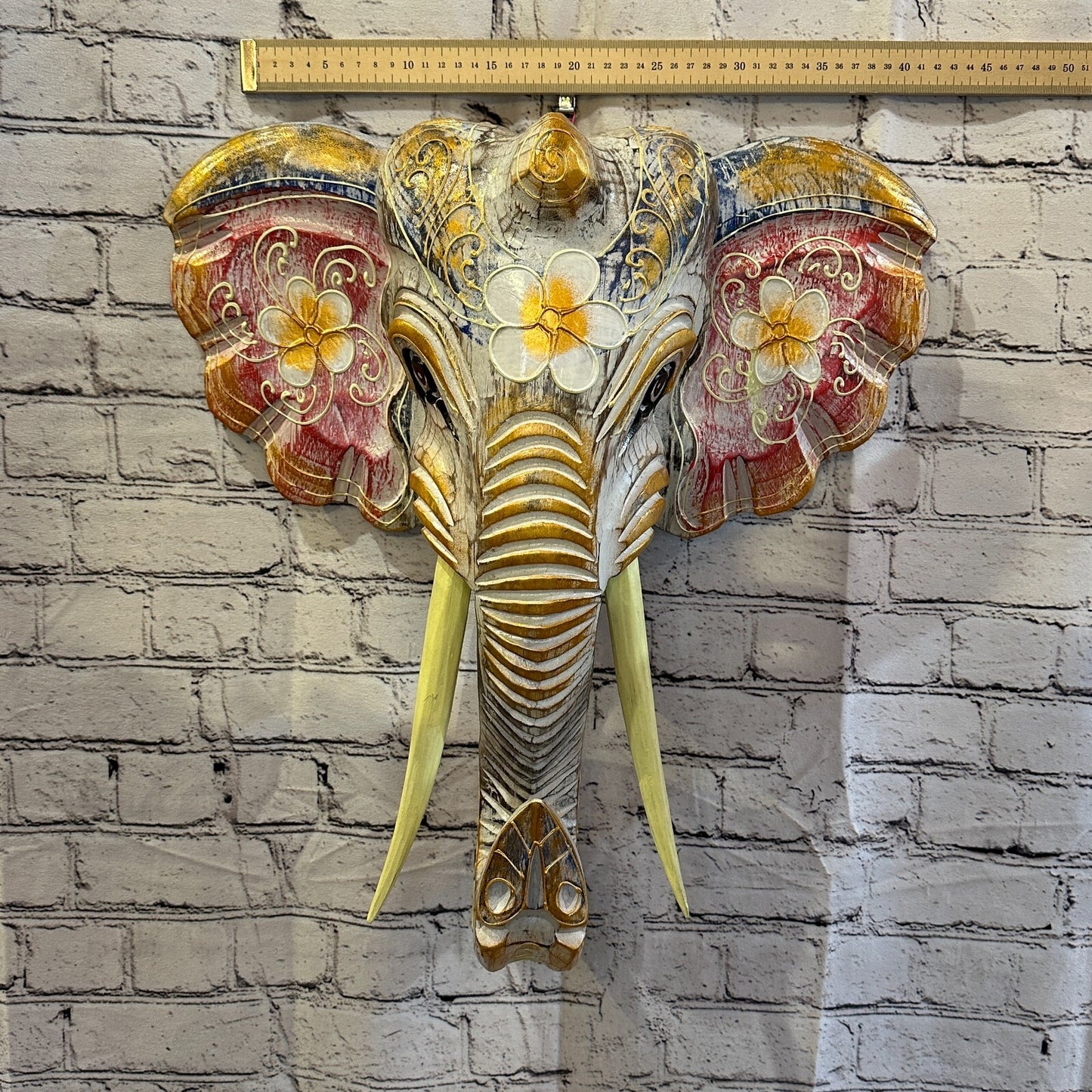 50cm x 45cm Pink Flower Painted Wood Elephant Head Wall Mounted Art Shabby