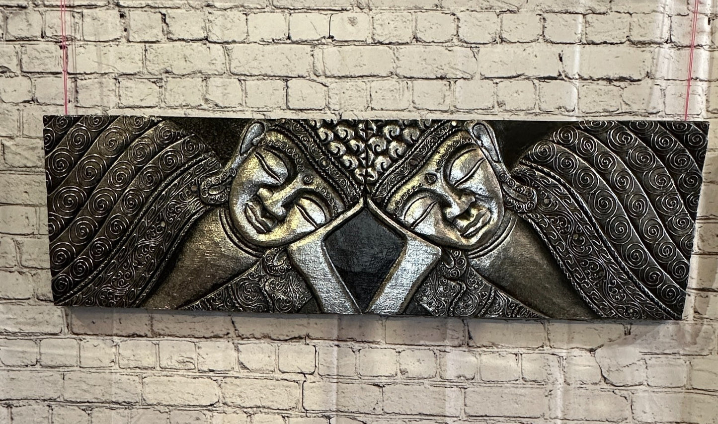 100cm x 30cm Buddha 2 Faces Silver Wooden Wood Panel Wall Art Plaque Handcarved