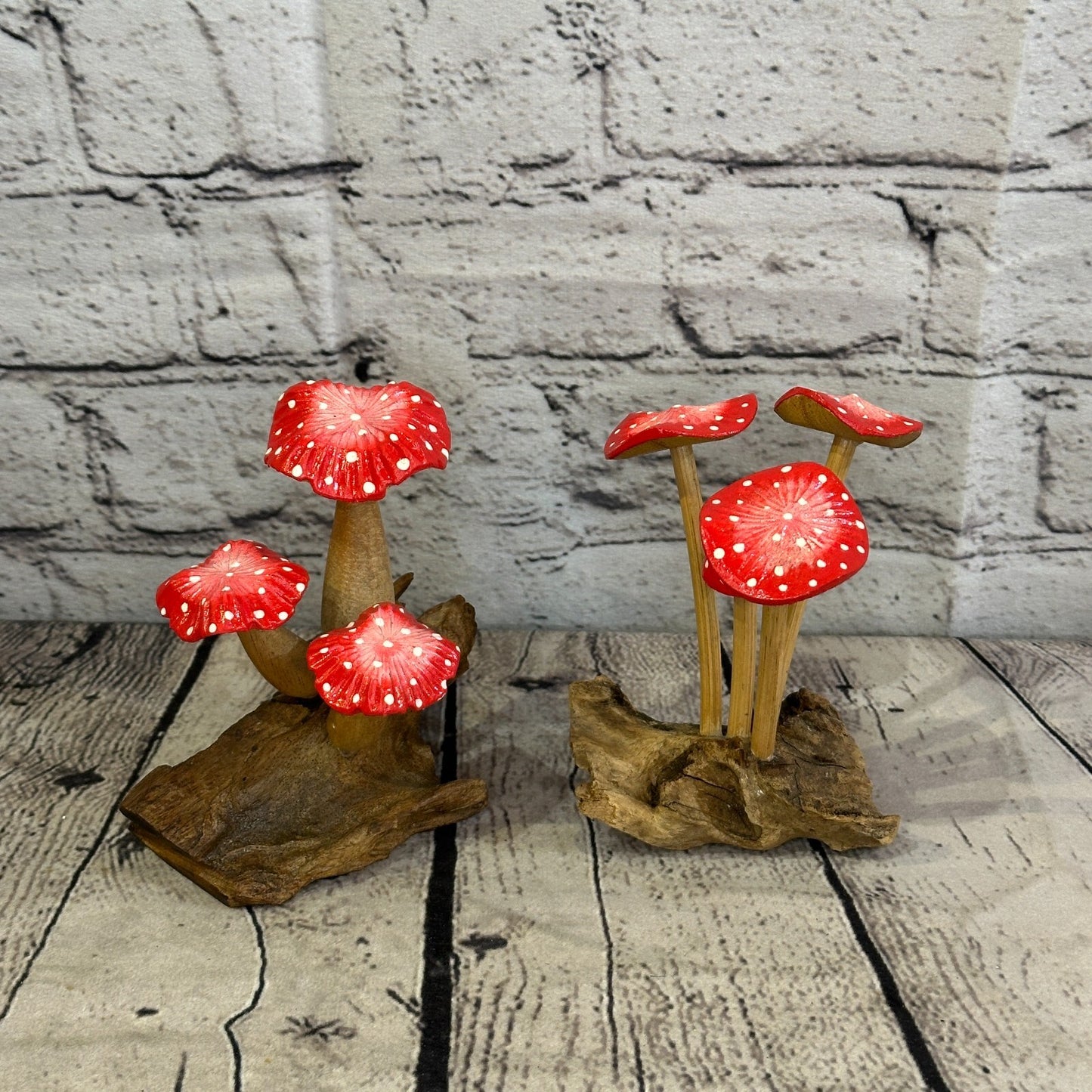Red Painted Carved Mushrooms Parasite Ornament Natural Carving Fairtrade Wooden