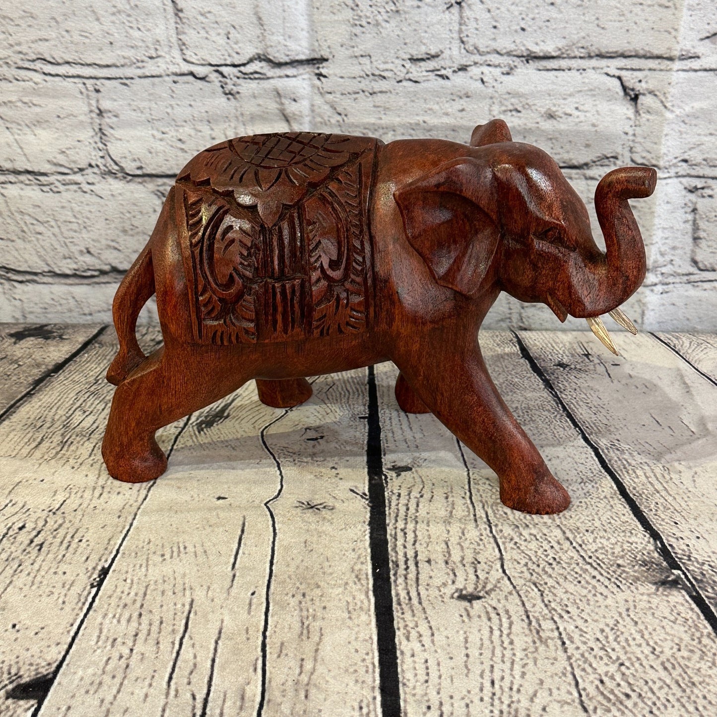 20cm x 15cm Carved Wooden Baby Elephant Wood Brown Sculpture Retro Handmade
