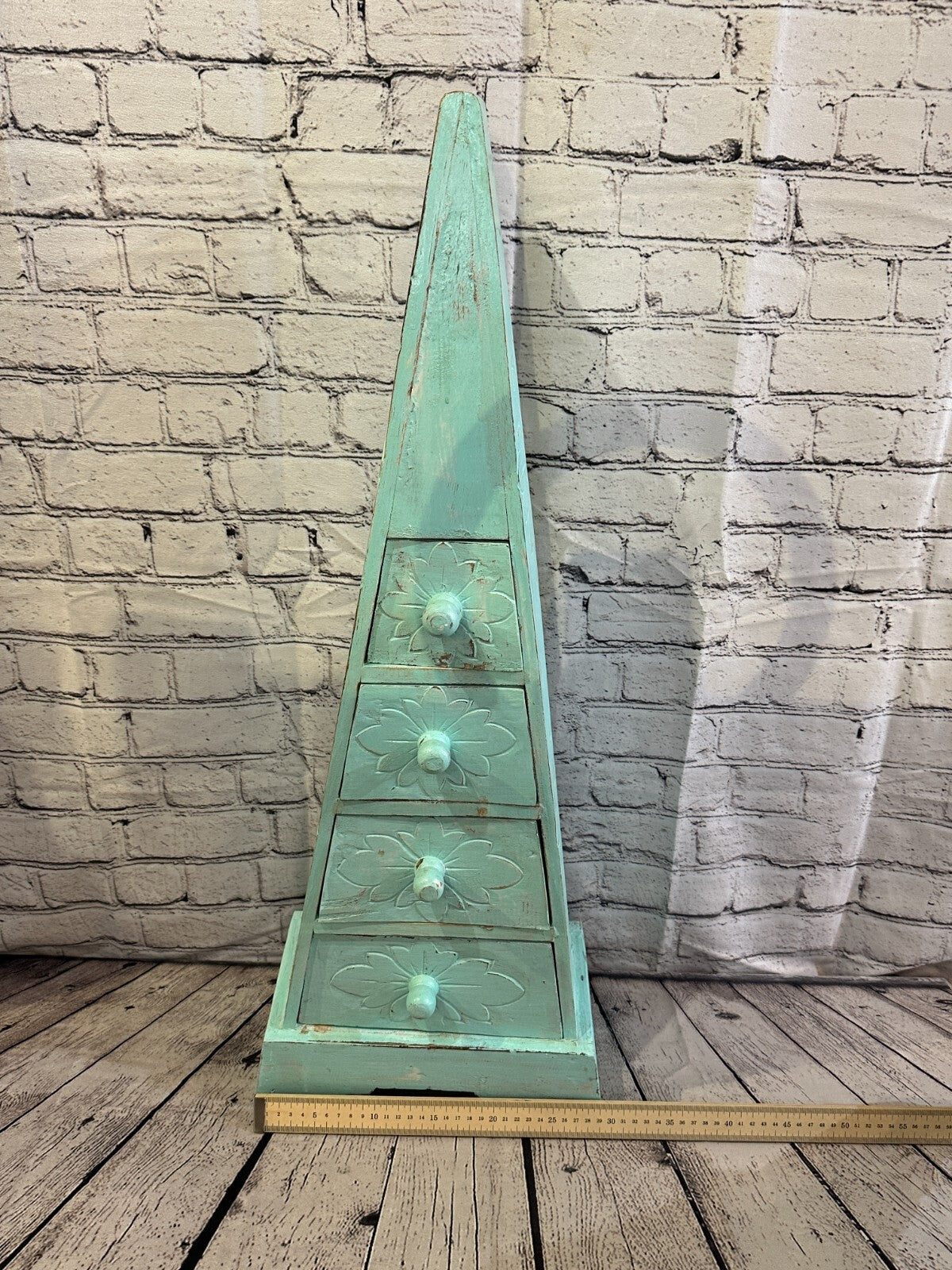 80cm x 30cm Green 3 Draw Pyramid Wooden Side Cabinet Living Storage Furniture
