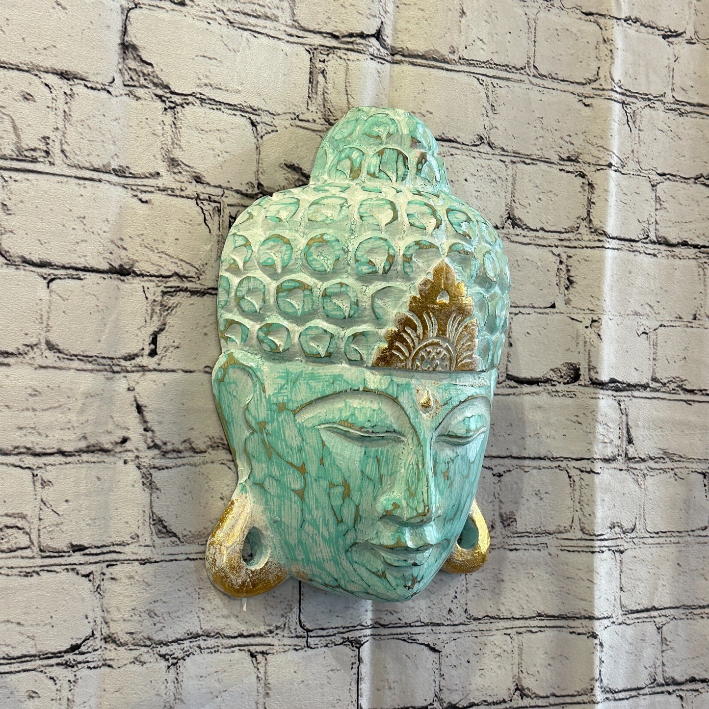 30cm x 20cm Green Buddha Head Mask Wooden Hanging Statue Figurine Ornament