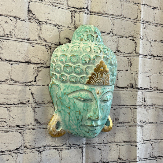 30cm x 20cm Green Buddha Head Mask Wooden Hanging Statue Figurine Ornament