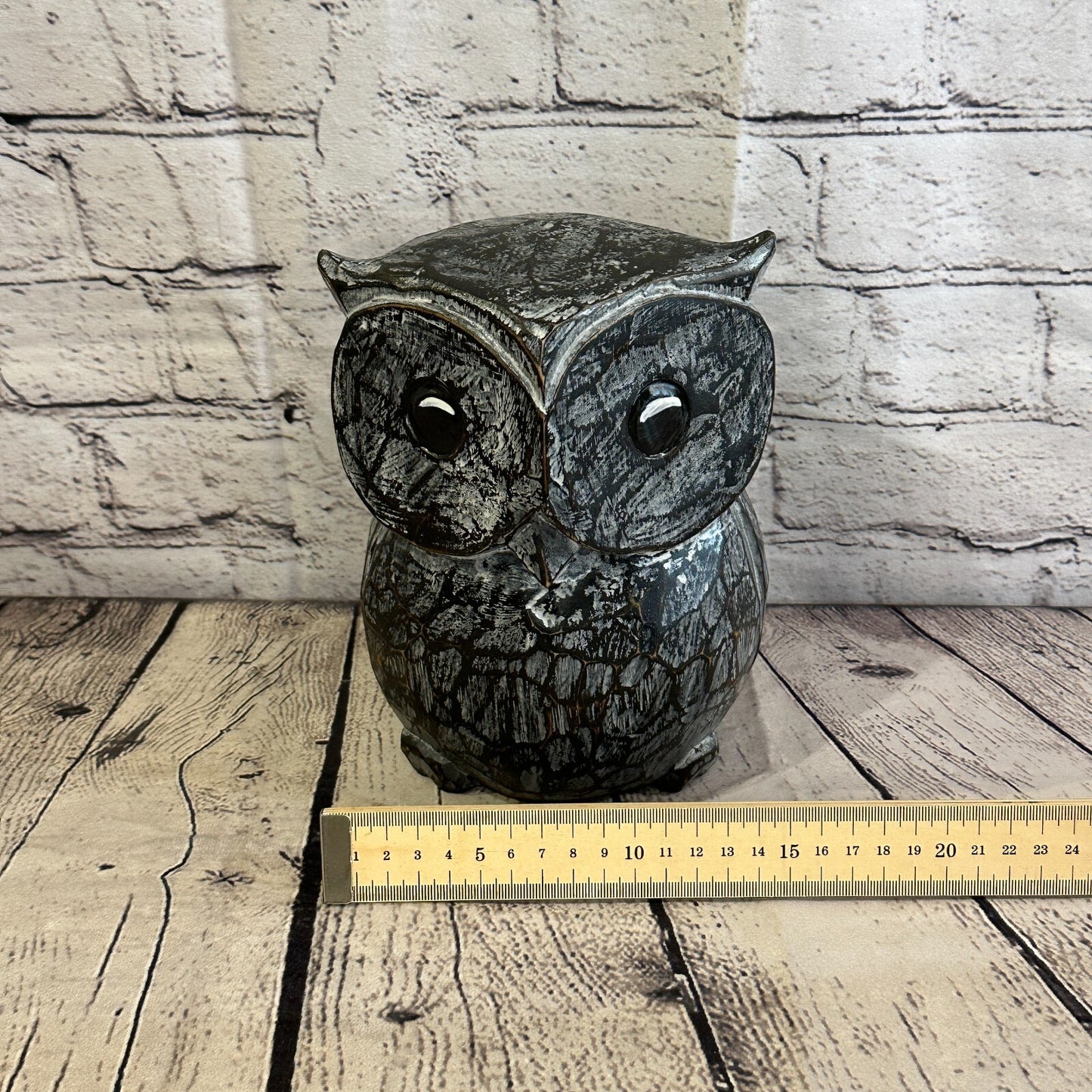 20cm x 15cm Black Flower Wooden Shabby Owl Statue Ornament Fair Trade Handcarved