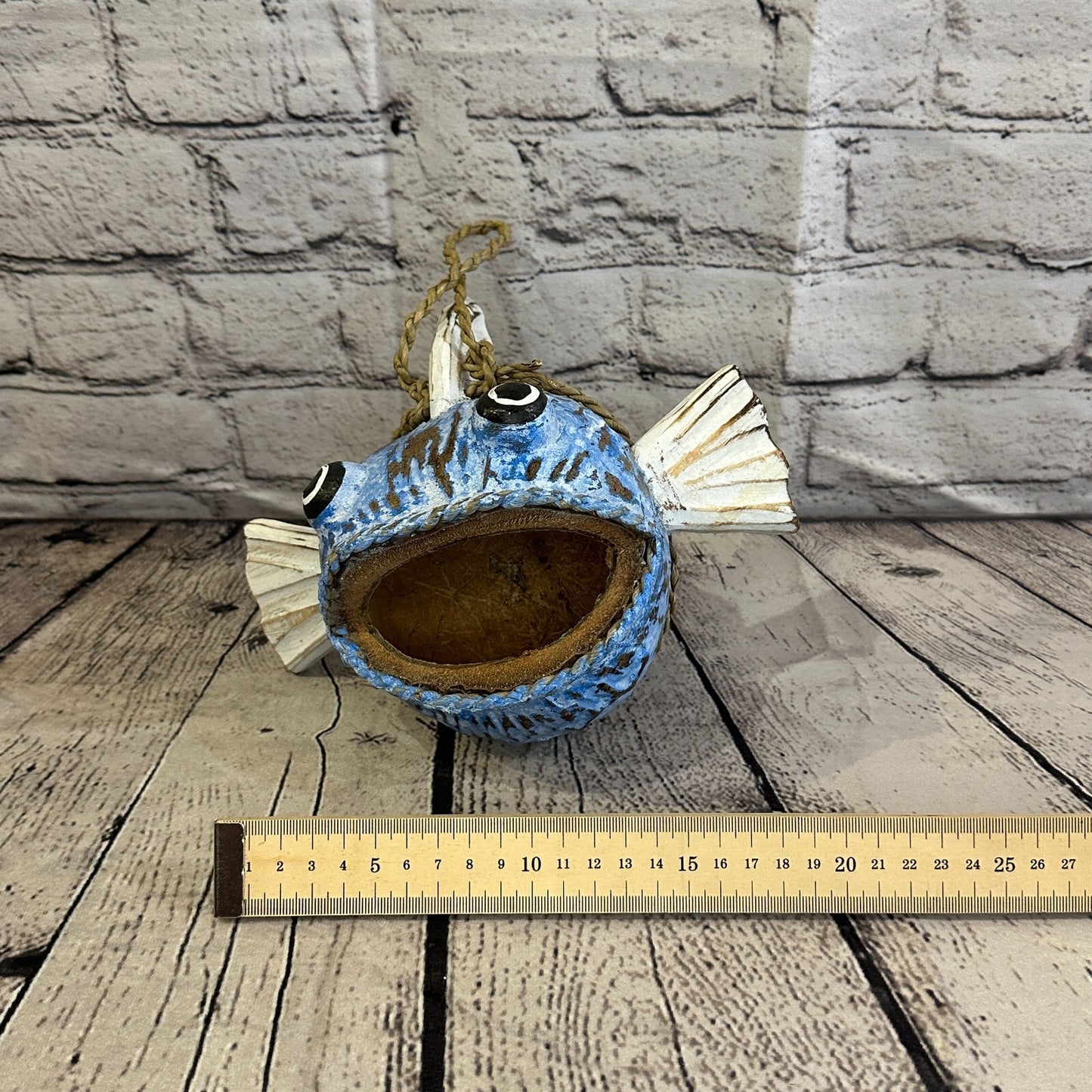 White Blue Folk Art Hand Painted Shark Fish Coconut Shell Ornaments Hanging