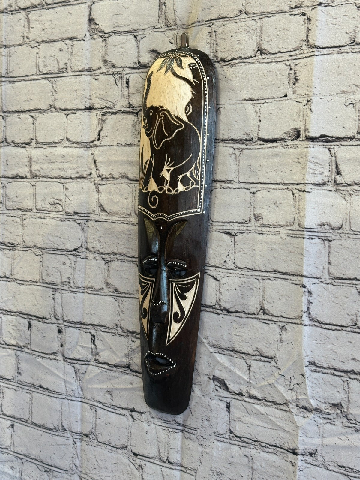 50cm Elephant Mask Carved Wooden Brown Work Painted Ethnic Tribal Tiki Wall Art