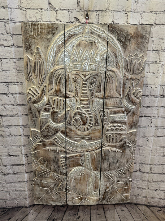 100cm x 60cm Ganesh White Panel Wooden Wood Panel Wall Art Plaque Handcarved
