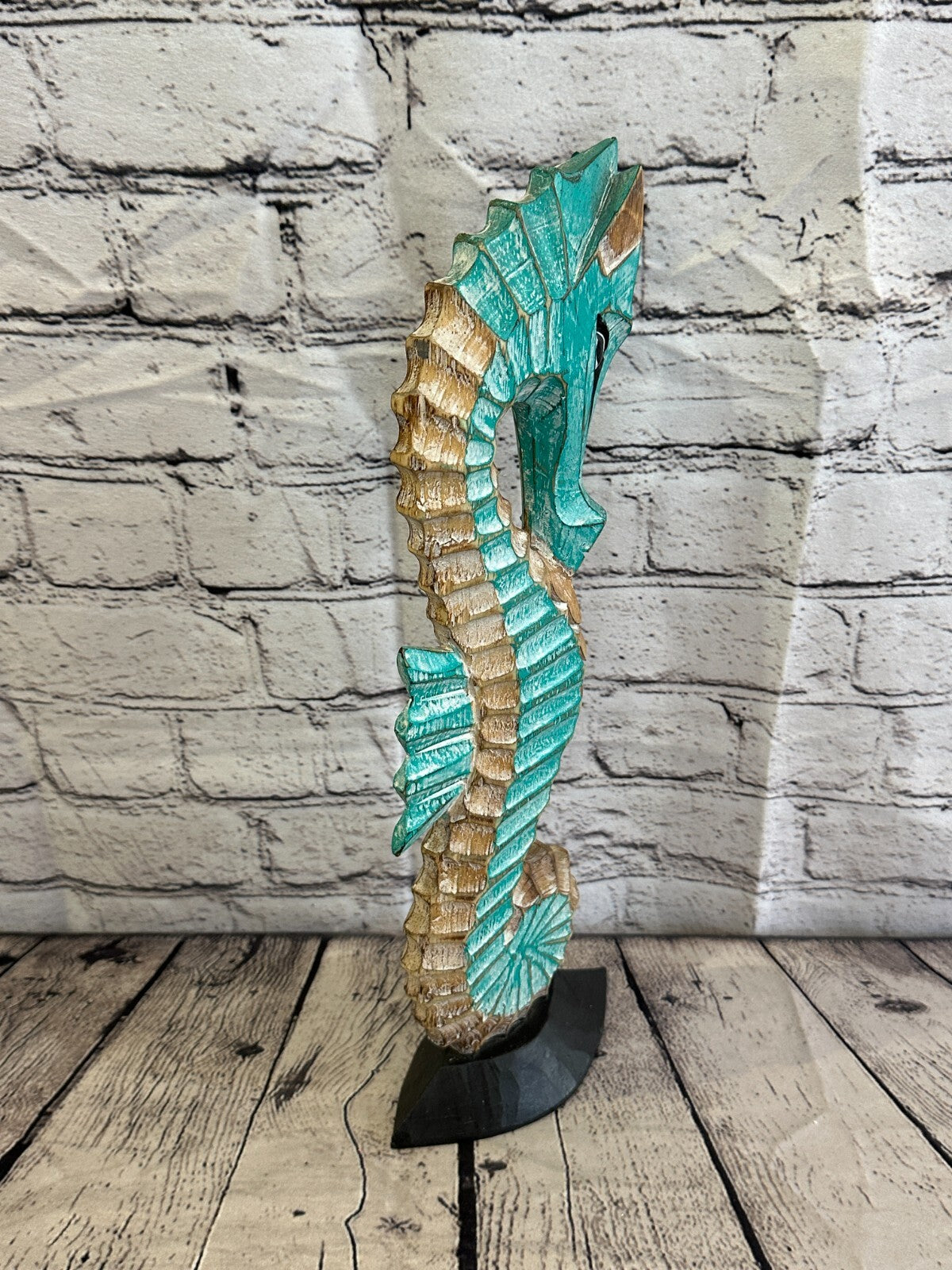 40cm Green Brown Wooden Shabby Seahorse Statue Ornament Fair Trade Handcarved