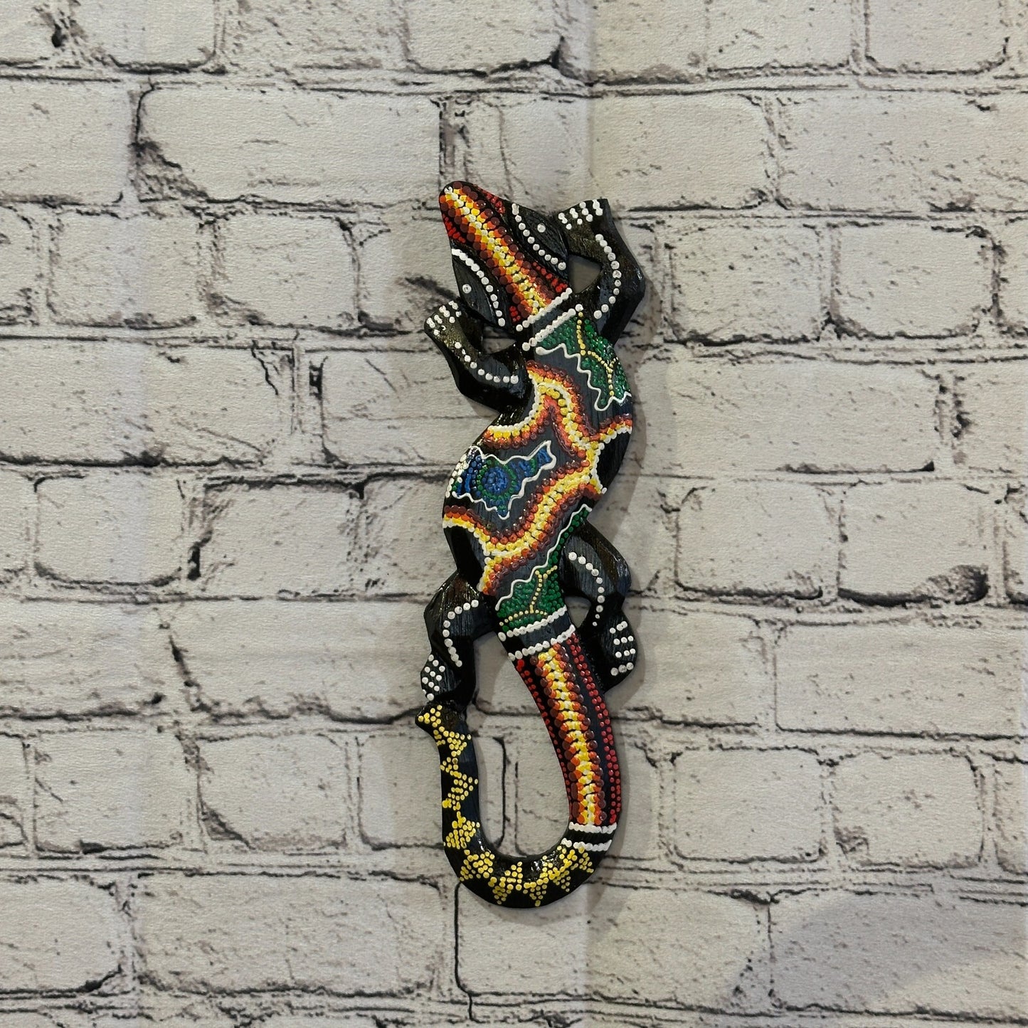 30cm Gecko Carved Wooden Dot Painted Ethnic Tribal Tiki Wall Handmade No 5