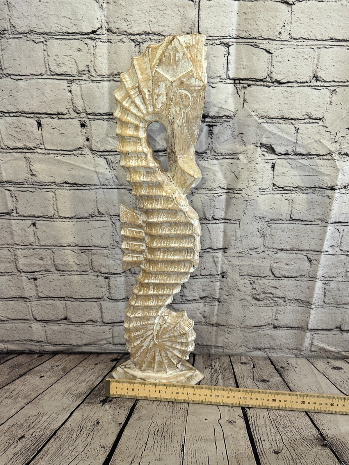 60cm White Plain Wooden Shabby Seahorse Statue Ornament Fair Trade Handcarved