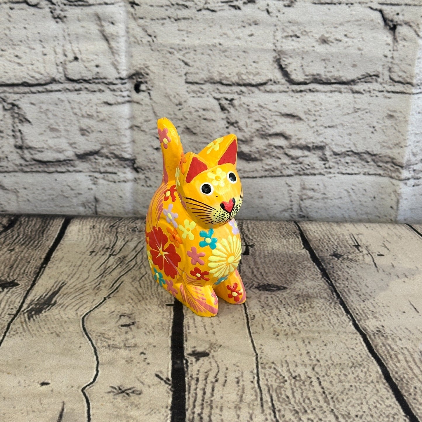 Orange Small Wooden Cat With Flower Pattern 12cm x 6cm Handmade and Fairtrade