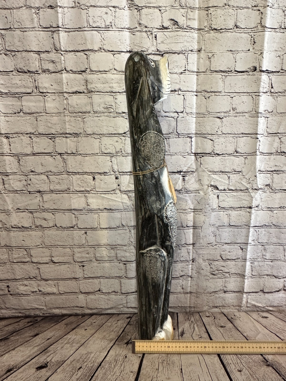 80cm Grey Flower Wooden Shabby Dog Statue Ornament Fair Trade Handcarved