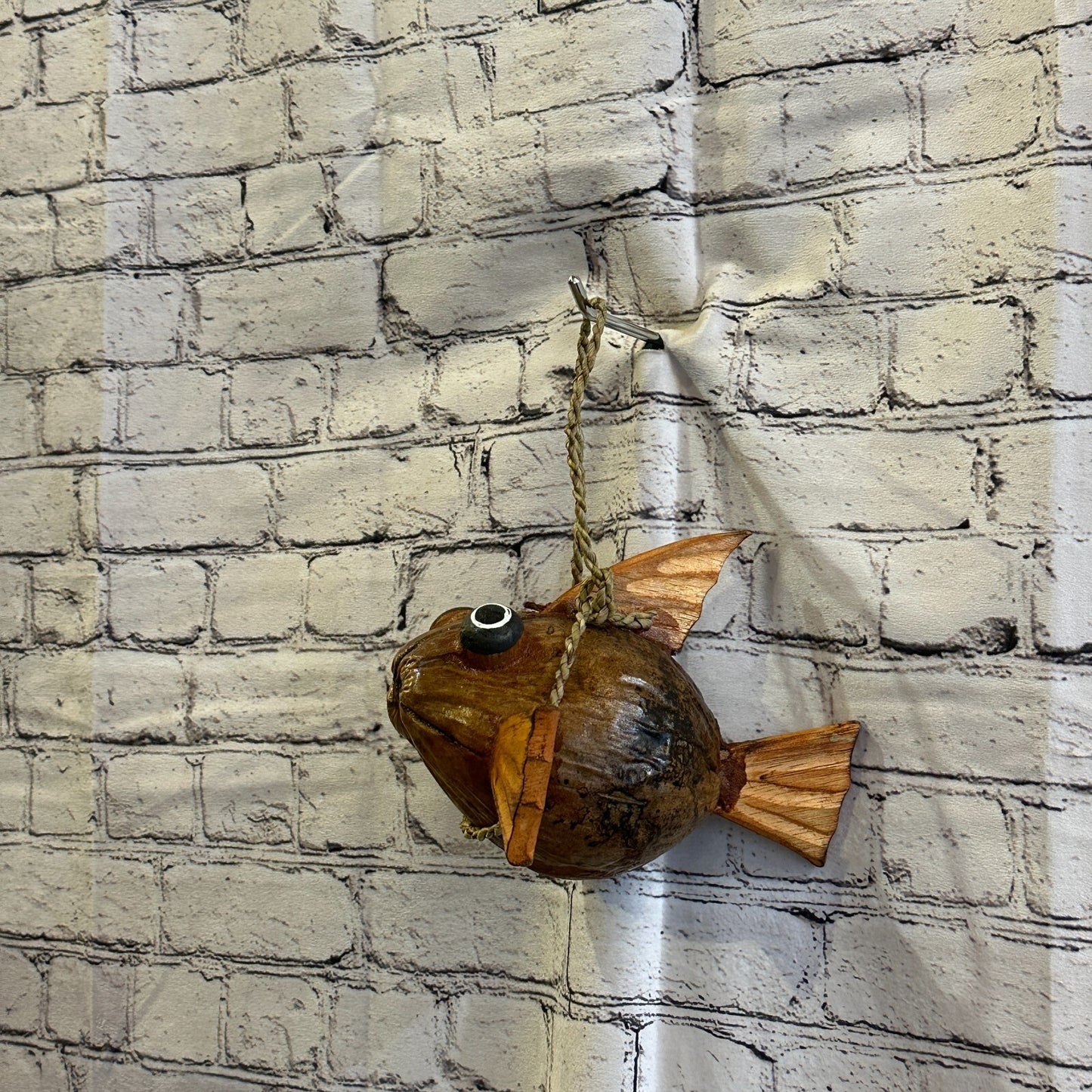 Plain Brown Folk Art Hand Painted Puffer Fish Coconut Shell Ornaments Hanging