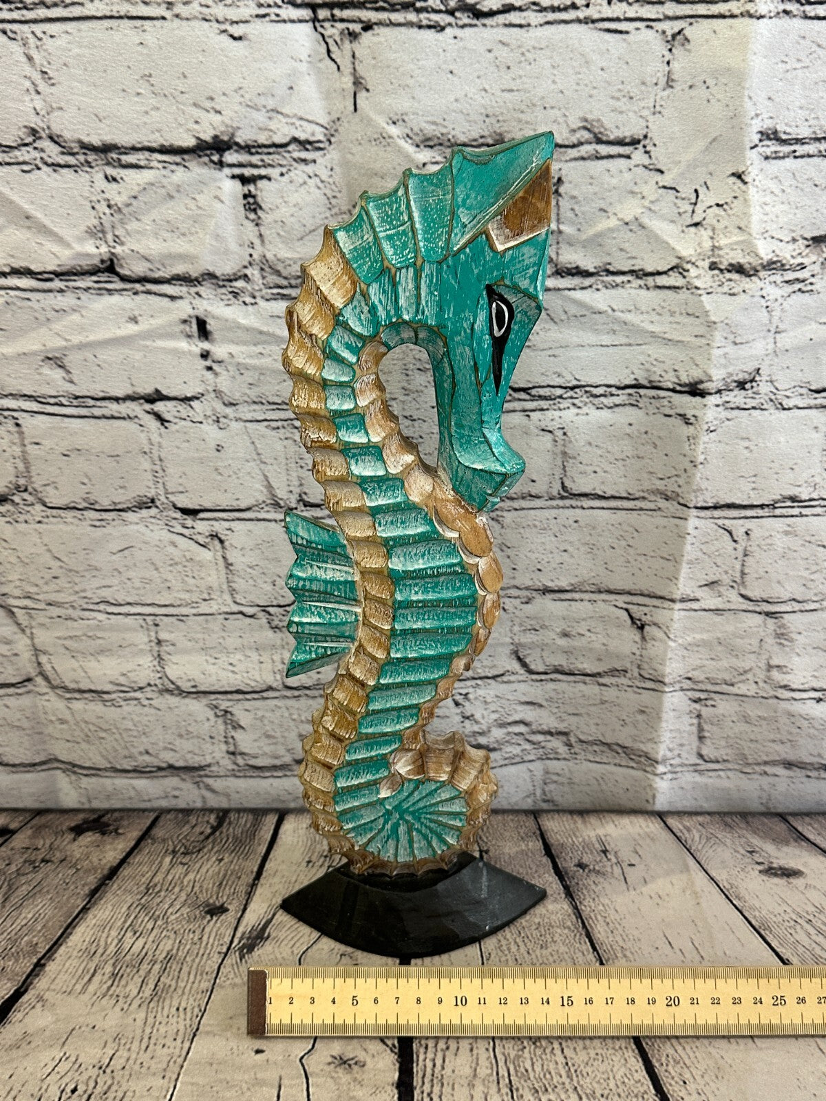 40cm Green Brown Wooden Shabby Seahorse Statue Ornament Fair Trade Handcarved