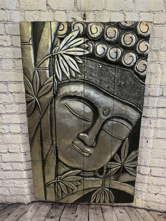 100cm x 60cm Buddha Silver Panel Wooden Wood Panel Wall Art Plaque Handcarved