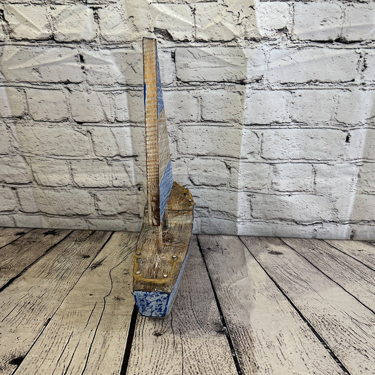 35cm Rustic Wooden Brown & Blue Sailing Boat Nautical Ornament Sculpture Decor