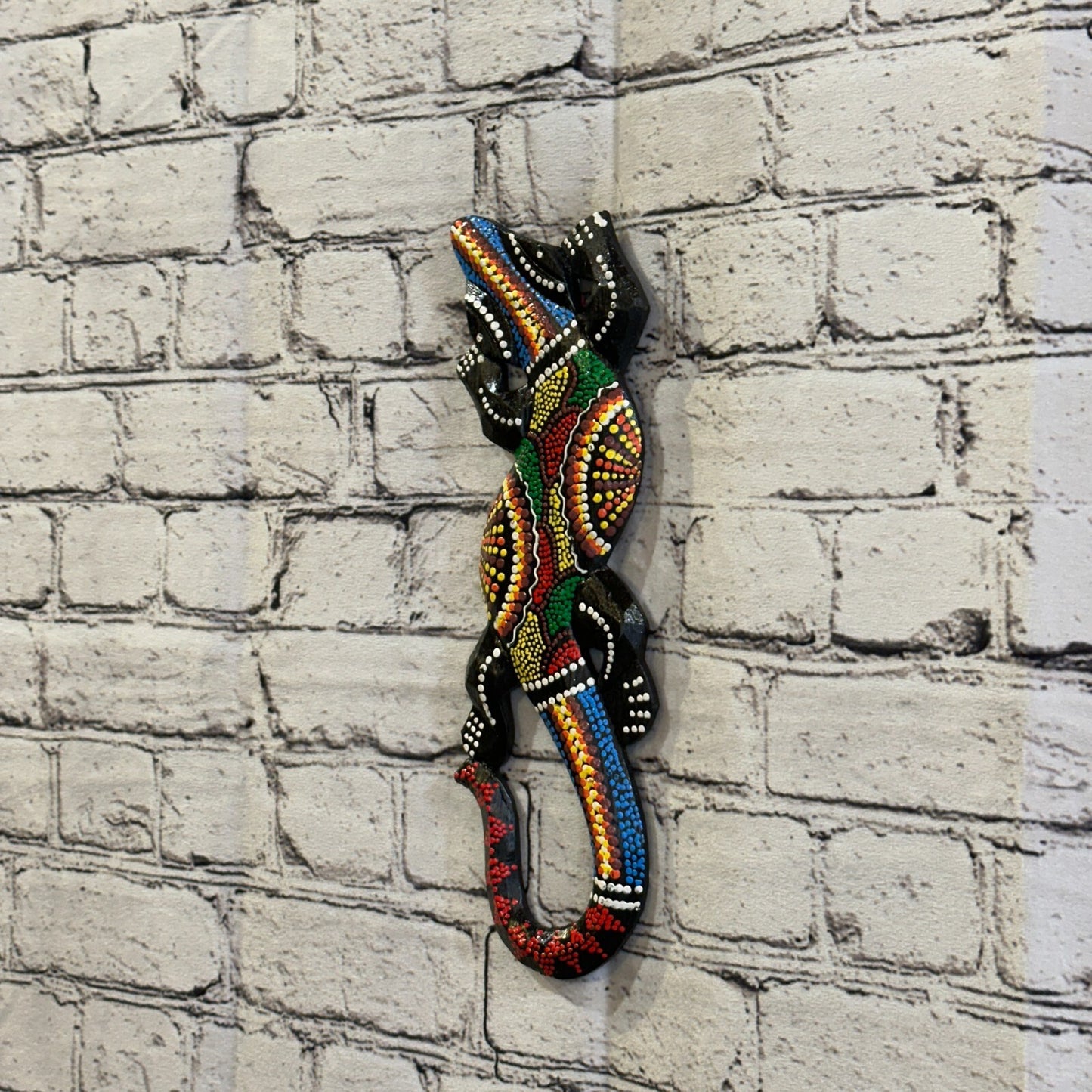 30cm Gecko Carved Wooden Dot Painted Ethnic Tribal Tiki Wall Handmade No 2
