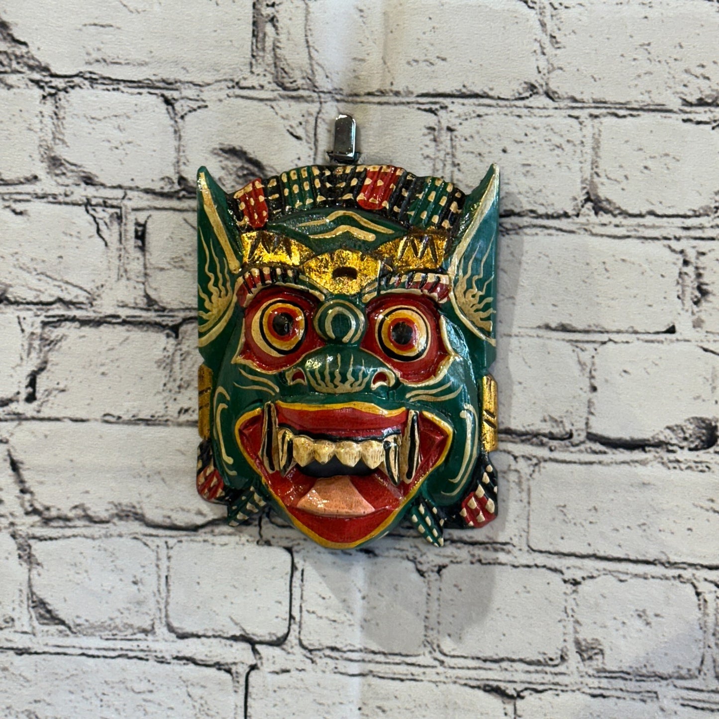 Large Wooden Green Barong Wall Mask 18cm x 18cm Handmade And Fairtrade Hindu