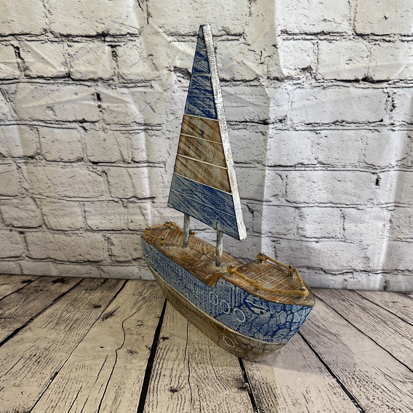 40cm Rustic Wooden Brown & Blue Sailing Boat Nautical Ornament Sculpture Decor