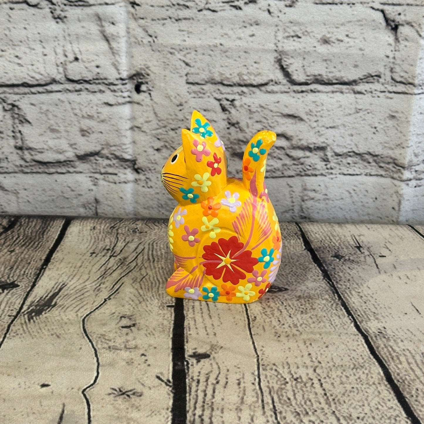 Orange Small Wooden Cat With Flower Pattern 12cm x 6cm Handmade and Fairtrade