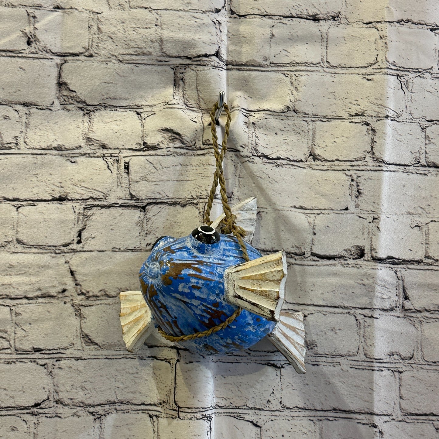 White Blue Folk Art Hand Painted Puffer Fish Coconut Shell Ornaments Hanging