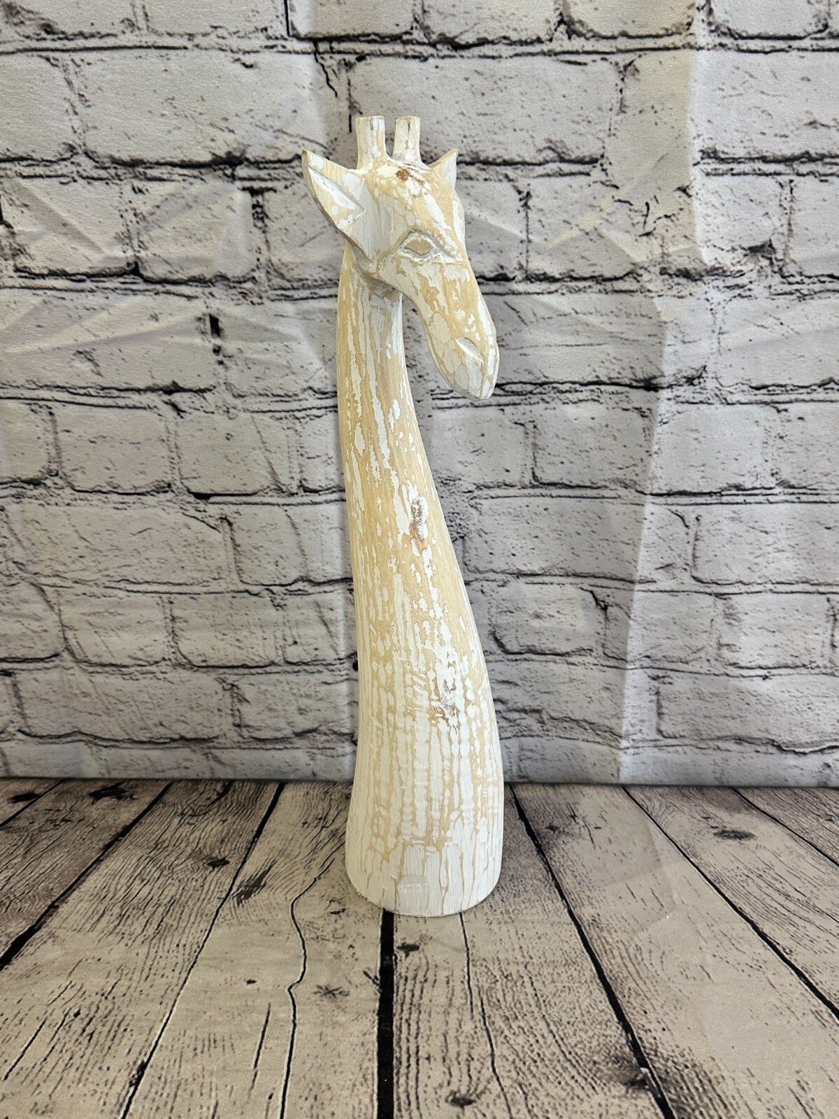 White Wooden Giraffe Head With Shabby Pattern 40cm x 10cm Handmade and Fairtrade
