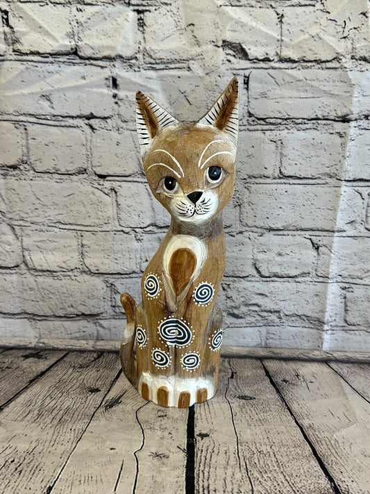 30cm Light Brown Flower Wooden Shabby Cat Statue Ornament Fair Trade Handcarved