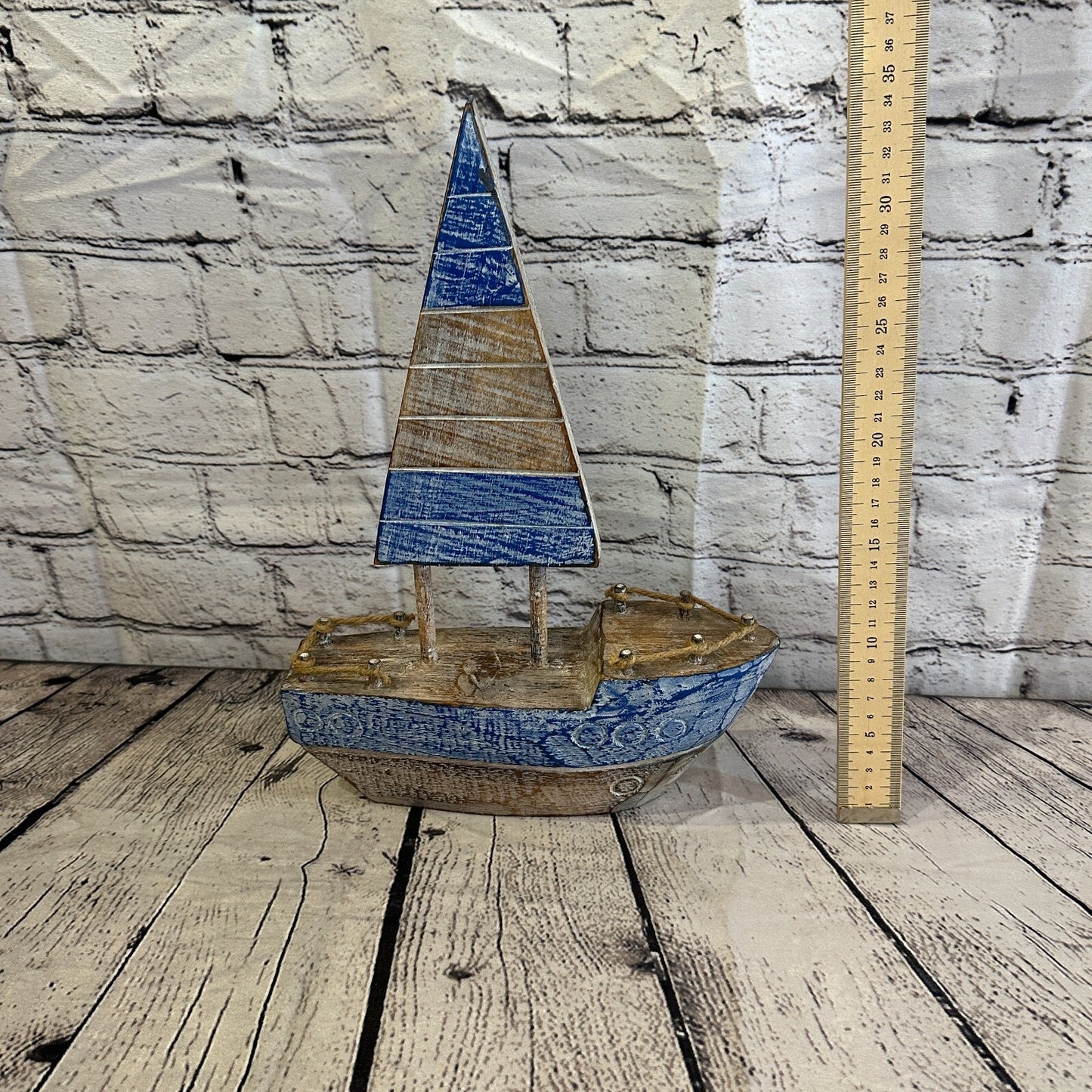 35cm Rustic Wooden Brown & Blue Sailing Boat Nautical Ornament Sculpture Decor