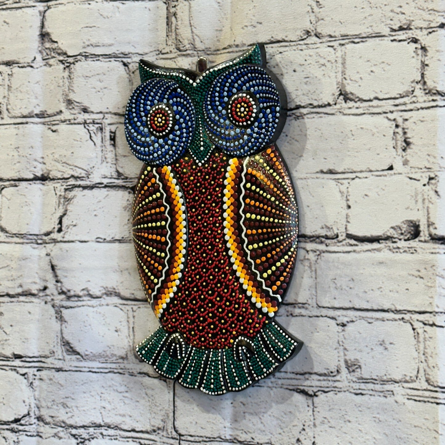 30cm Owl Carved Wooden Dot Painted Ethnic Tribal Tiki Wall Art Handmade No 1