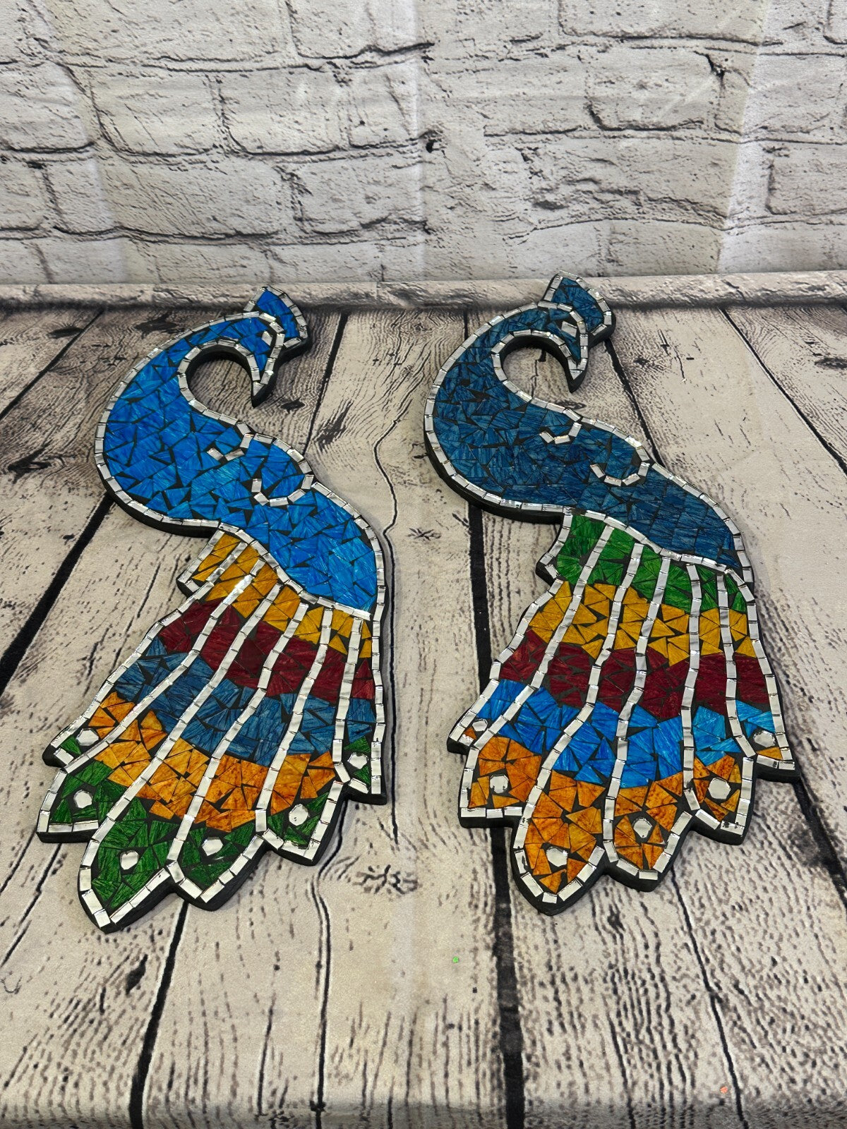 Rainbow Dark Blue Peacock Mosaic Tile Wall Mirror 45cm x 20cm Handmade New